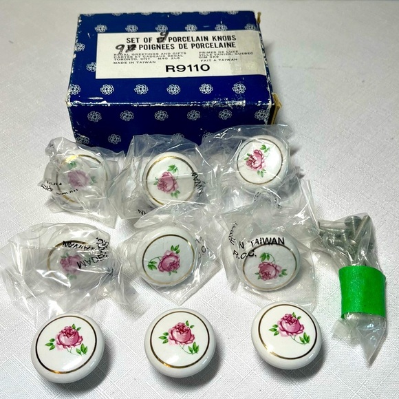 Vintage. Porcelain Knobs with Pink Rose Design. Set of 9. NEW. screws included - Picture 1 of 5